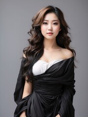 Portrait of beautiful asian women, long black hair, tshirt model posing in white background, 