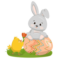 A nice bunny sits on an Easter egg, next to a chick with a tulip. Happy Easter