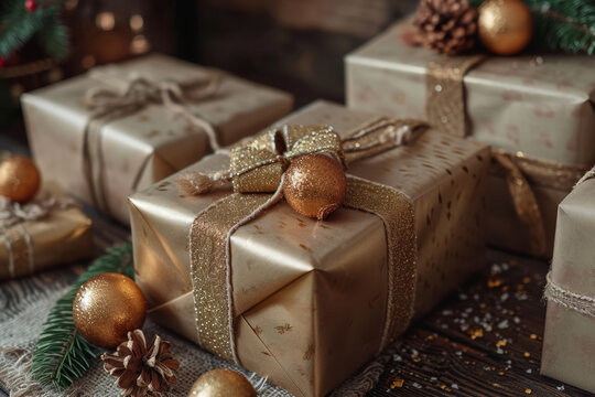 Christmas gift boxes with golden ornaments