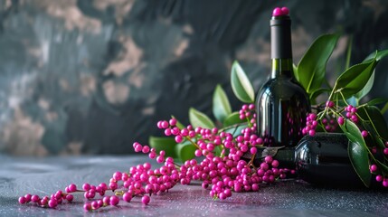  a bottle of wine sitting on top of a table next to a bunch of pink flowers and a bottle of wine.