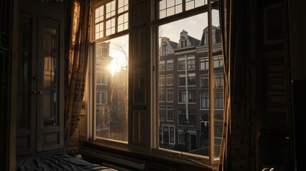  the sun shines brightly through the windows of a room with a bed and a window with a view of a city.