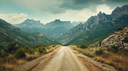  a dirt road in the middle of a mountain range with green trees and bushes on both sides of the road. - obrazy, fototapety, plakaty