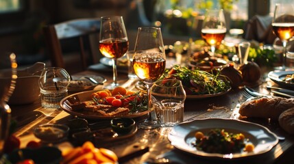  a table filled with plates of food and glasses of wine and wine glasses on top of a table with plates of food and glasses of wine.