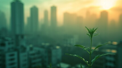  a plant in the foreground of a cityscape with skyscrapers in the background of the picture.