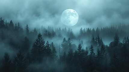  a foggy forest with a full moon in the sky and trees in the foreground, with a foggy sky and trees in the foreground.