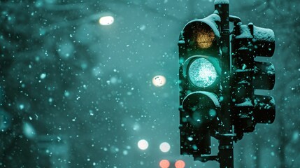  a traffic light on a snowy day with a lot of snow on the ground and a street light in the foreground.