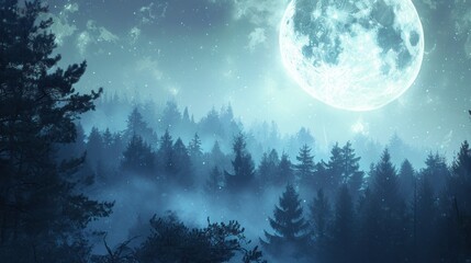  a night scene with a full moon in the sky and trees in the foreground, and a foggy forest in the...