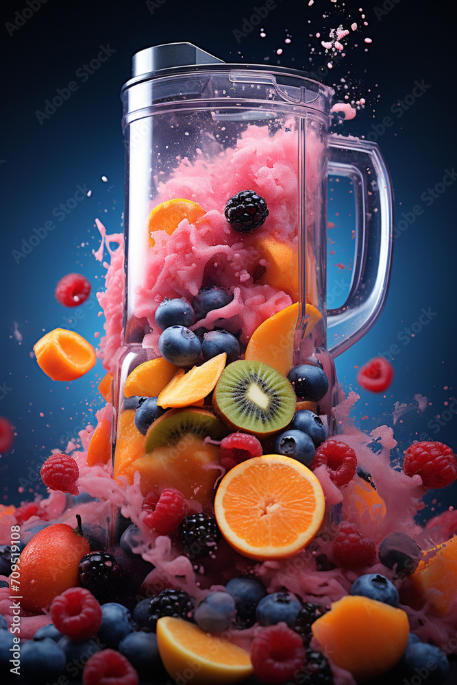 Poster An abstract design of a smoothie blender mixing both fruits and tablets.