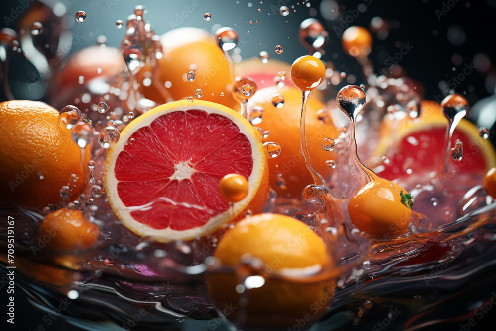 Poster a creative visualization of a pill dissolving into a pool of fruit juice.