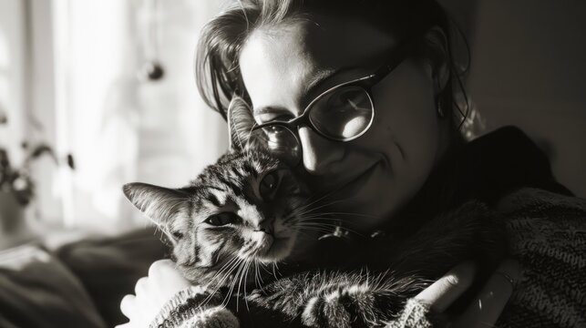  a black and white photo of a woman holding a cat with her face close to the cat's face.