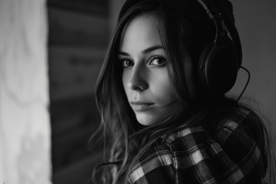  a black and white photo of a woman wearing headphones and looking off into the distance with a serious look on her face.