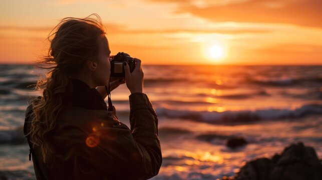  a woman taking a picture of a sunset over the ocean with a camera in front of her and a body of water in the background.