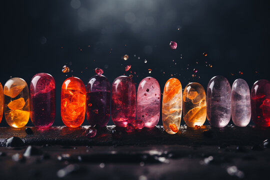 An artistic portrayal of a pill dissolving to reveal a spectrum of natural ingredients.