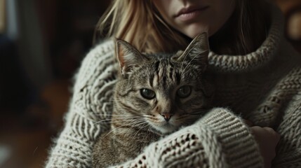  a close up of a person holding a cat with a sweater over it's shoulders and looking at the camera.