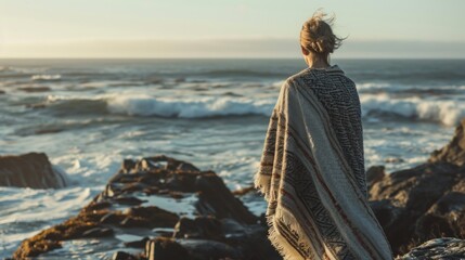  a woman standing on top of a rocky beach next to the ocean with a blanket draped over her and looking at the ocean. - obrazy, fototapety, plakaty