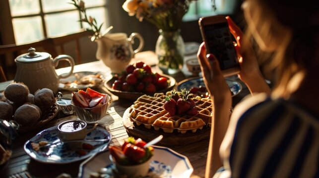  a woman taking a picture of a waffle with strawberries on top of it and other desserts on the table.