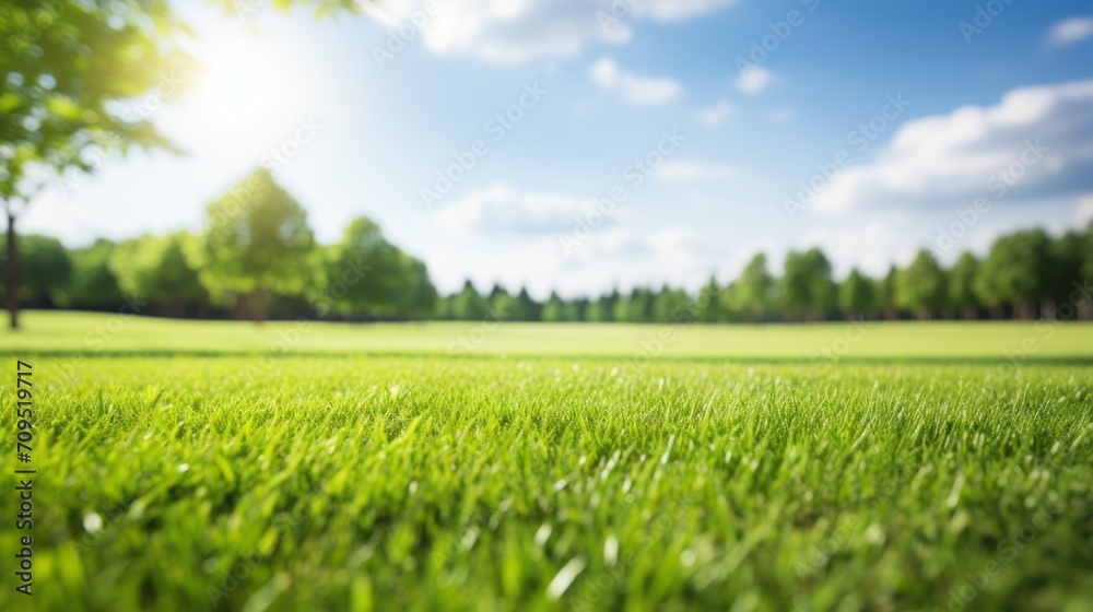 Poster beautifully blurred background of spring nature with a green lawn with fresh grass surrounded by tre