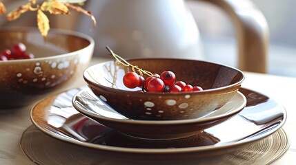  a close up of a bowl on a table with a plate with a bowl on it and a bowl with berries in it.