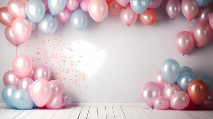 Fototapeta na wymiar Party balloons, birthday decoration background, anniversary, wedding, holiday with space for text
