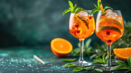  a close up of two wine glasses filled with liquid and garnished with green leaves and orange wedges.