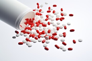 Tablets and capsules come in different colours, shapes and sizes and have a white background.