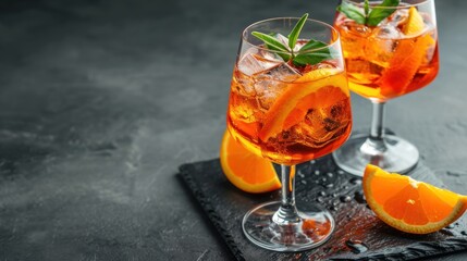  a couple of glasses filled with drinks on top of a black table next to a slice of orange and mint.