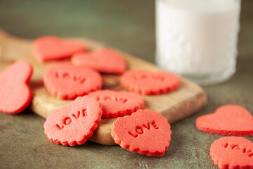 Red Heart Form. Homemade Shortbread Cookies for Valentine's day. Ice coffee with cream