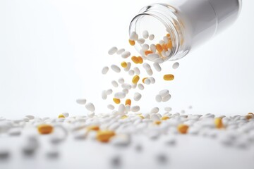 Tablets and capsules come in different colours, shapes and sizes and have a white background.