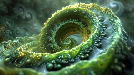  a close up of a green and yellow spiral shaped object in the middle of a body of water with bubbles on top of it.