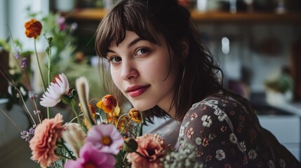 a close up of a person holding a bunch of flowers in front of her face and looking at the camera.