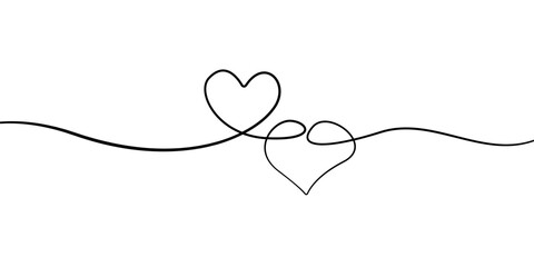 Couple Hearts Line Art Drawing. Heart Banner One Line Minimal Art Drawing. Love Concept Trendy Minimalist Linear Illustration. Vector EPS 10