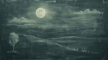  a black and white drawing of a full moon in the night sky with mountains and trees in the foreground.