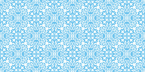 Wallpaper in the style of Baroque. Seamless vector background. White and blue floral ornament. Graphic pattern for fabric, wallpaper, packaging. Ornate Damask flower ornament - obrazy, fototapety, plakaty