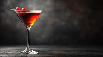  a close up of a drink in a glass with a cherry garnish and garnish on the rim.