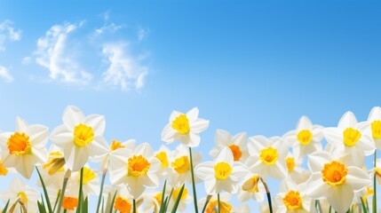 Spring floral background of Daffodils on a blue sky background with copy space. Beautiful mockup, text frame.