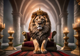 Royal lion king sitting on a throne. Power, leadership and authority concept.