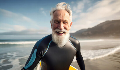 Smiling happy elder caucasian old man wearing neoprane wetsuit carrying his surfboard at the beach.