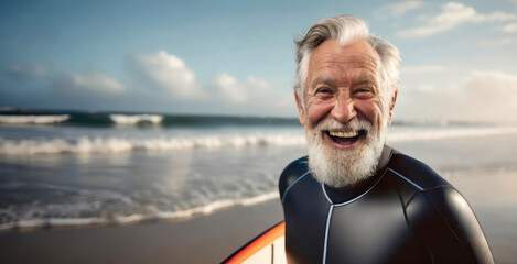 Smiling happy elder caucasian old man wearing neoprane wetsuit carrying his surfboard at the beach. - Powered by Adobe