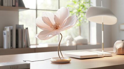  a white flower sitting on top of a wooden table next to a lamp and a laptop on top of a desk.