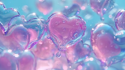  a group of heart shaped bubbles floating on top of a blue and pink liquid filled air filled with air bubbles. - obrazy, fototapety, plakaty