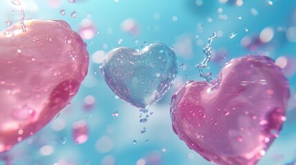  a couple of heart shaped balloons floating on top of a blue and pink liquid filled air filled with air bubbles.