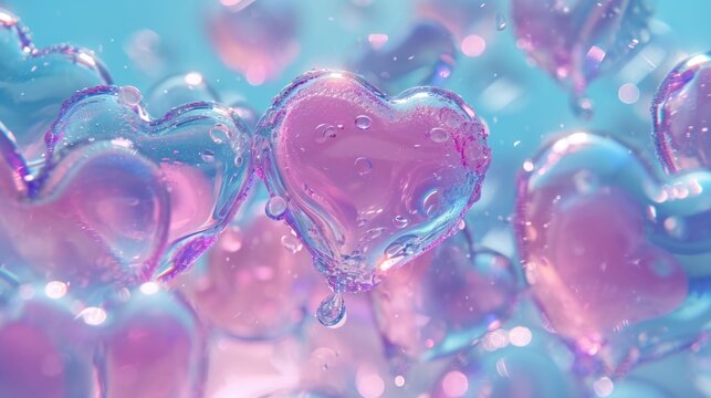  a group of heart shaped bubbles floating on top of a blue and pink liquid filled air filled with air bubbles.