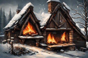 A fire place in winter time