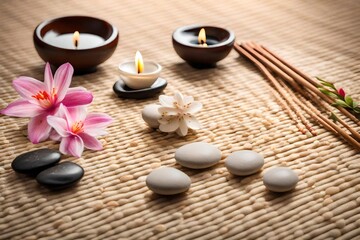 Fototapeta na wymiar Scent joss stick, pebble and flower on mat for mental relaxation