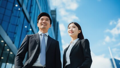 young adult man and woman in suits standing in front of a skyscraper