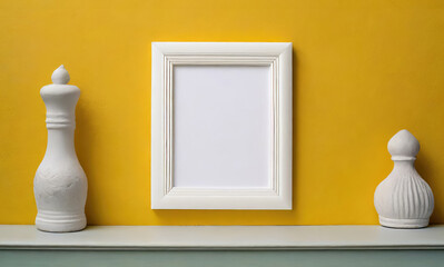 Blank empty picture frame on a yellow colored wall with decorative antique vases.