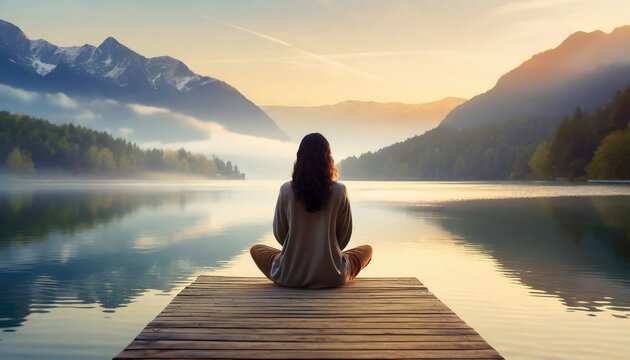 Facing back young woman practicing meditation or yoga, sitting on a wooden pier on the shore of a beautiful mountain lake at sunrise or sunset.