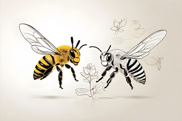 Fototapeta premium World Bee Day May 20 Vector illustration of bee and flower isolated on white background. Close up of a large striped bees collecting pollen on flowers. One line drawing for different uses. Vector art