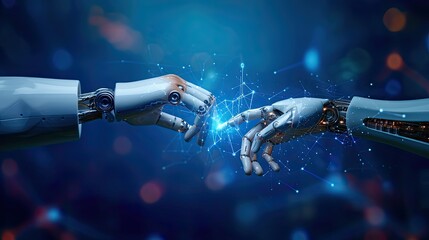 AI, Machine learning, Hands of robot and human touching on big data network connection, Data exchange, deep learning, Science and artificial intelligence technology, innovation of futuristic.