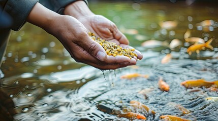 Aquaculture farmers hand hold food for feeding fish in pond in local agriculture farmland.Fish feed...
